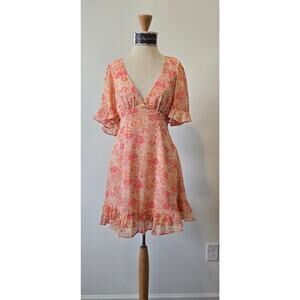 Here comes the Sun lightweight floral flutter sleeve summer dress Sz M (0990)